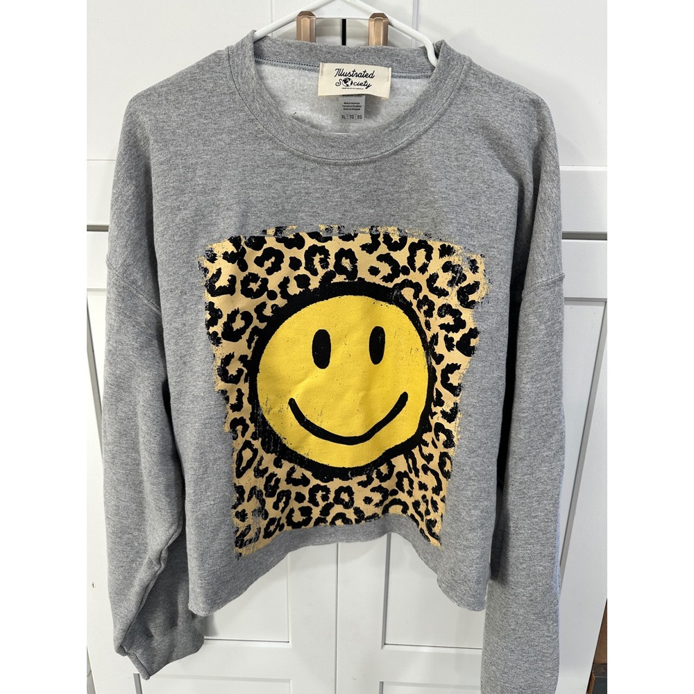 Illustrated Society Smiley Face Leopard Print Cropped Sweatshirt Women's XL Gray